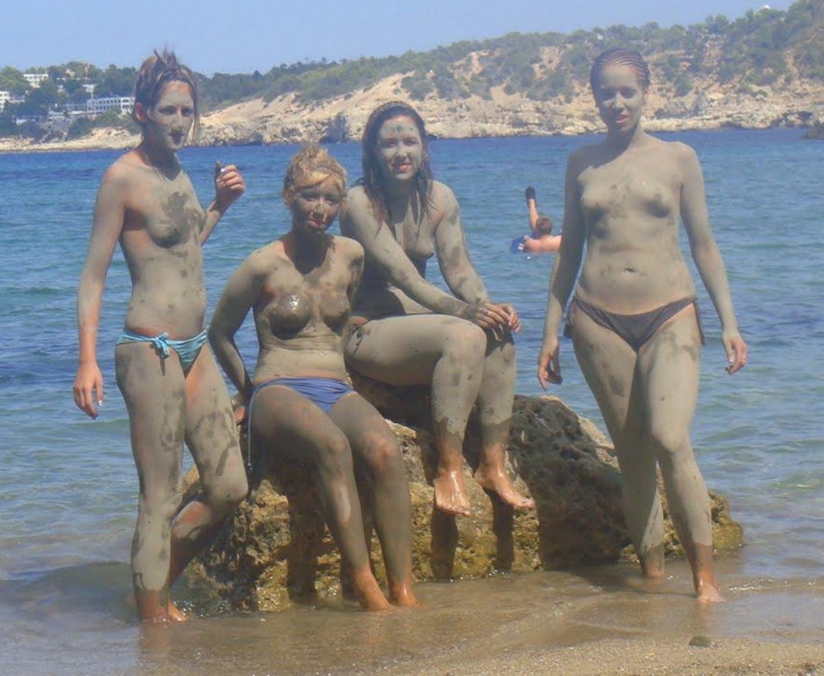 Four Messy Teen Girls with Muddy Bare Legs and showing Tiny Tits